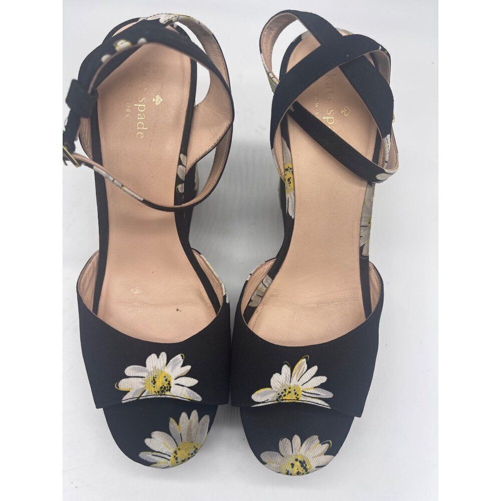 Kate Spade Dellie Women Black Canvas Floral Print Platform Wedge Size 10M - Picture 9 of 9